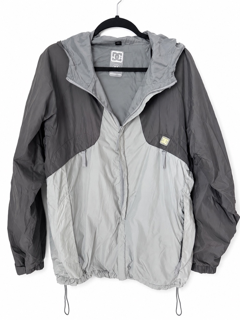 Vintage DC Mens Gray Colorblock Two Toned Hooded Windbreaker Jacket Y2K Pocket M